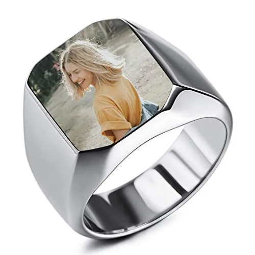 INBLUE Personalizado Foto Anillo de Sello Negro Imagen para Hombres Mujeres Memorial Joyería de Acero Inoxidable Paquete con Ajustadores de Tamaño de Anillo (Plata Color)