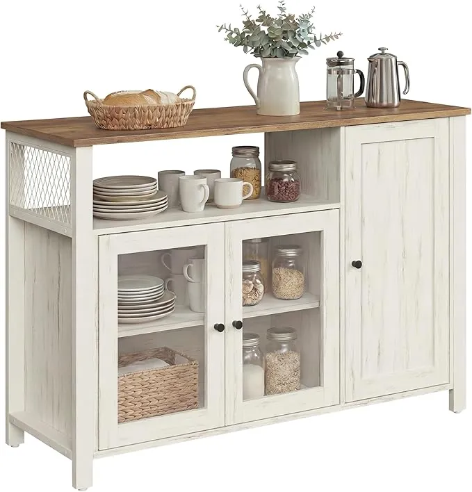 VASAGLE Aparador, Armario de Cocina, Armario de Almacenaje, con 3 Puertas, para Salón, Cocina, Comedor, 33 x 110 x 75 cm, Estilo Casa de Campo, Marrón Miel y Blanco Rústico LSC096WJ02
