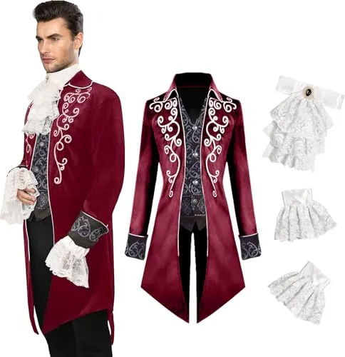 YQVGFBY Ropa medieval para hombre, disfraz medieval steampunk, abrigo gótico, abrigo victoriano, disfraces para hombre, disfraces de Halloween de vampiro pirata (rojo, M)