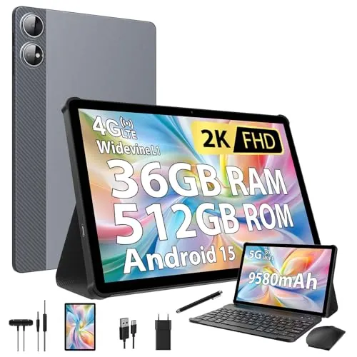 DOFACESH 2K Tablet 11 Pulgadas con Android 15, 36GB RAM+512GB ROM (2TB TF), 4G LTE+5Ghz WiFi, 2000 * 1200, Octa-Core, 13MP+8MP, 9580mAh/WidevineL1/GPS/Bluet 5-Tablet con Teclado ect (Gris)