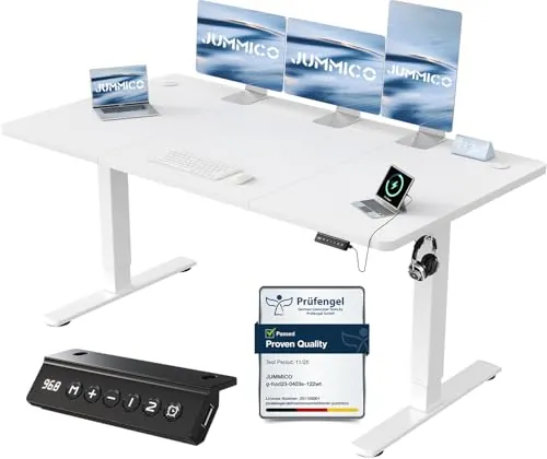 JUMMICO Escritorio Elevable Eléctrico con Cargador USB, Escritorio Regulable en Altura Ergonomica Escritorio de pie Ajustable Smart Panel con Funciones de Memoria, Standing Desk 160 x 70 cm, Blanco