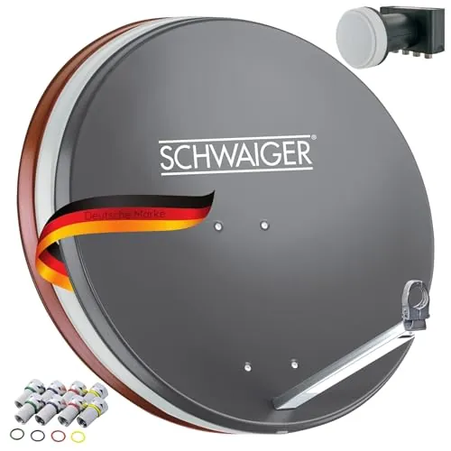SCHWAIGER 548 Sat Set Sistema satélite Antena parabólica Quad LNB Digital 8X F-Plug 7mm Sat Antena Aluminio Set Completo Antracita 74,5 x 84,5cm