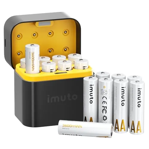 imuto Batería AA ricaricabili de 1,5 V, 3600 mWh, Pila Ricaricabili AA Litio 1600 Cicli con Pantalla a LED Nero ricarica rapida, 16 pezzi