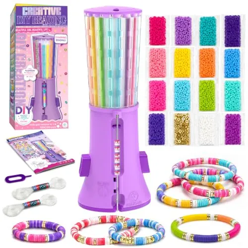 Fozcmisw Máquina Infantil para Hacer Pulseras, 2600+ Cuentas en 16 Colores | Bandeja giratoria, varilla, hilo elástico, embudo y guía para crear pulseras de amistad y bisutería infantil desde 6 años