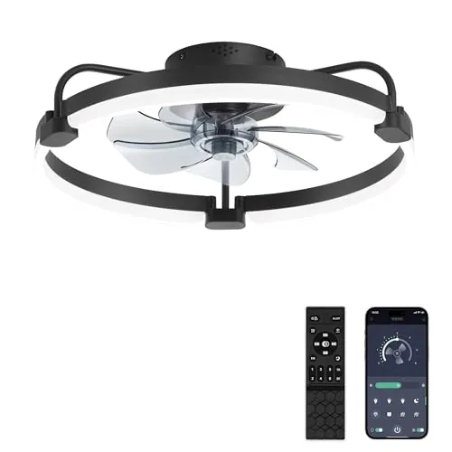 ZMISHIBO Ventilador de Techo con Luz y Control Remoto, Ø52,5 cm, 3000-6000K Regulable, Ventilador LED Empotrado Moderno, 6 Velocidades, Ideal para Dormitorio，Negro