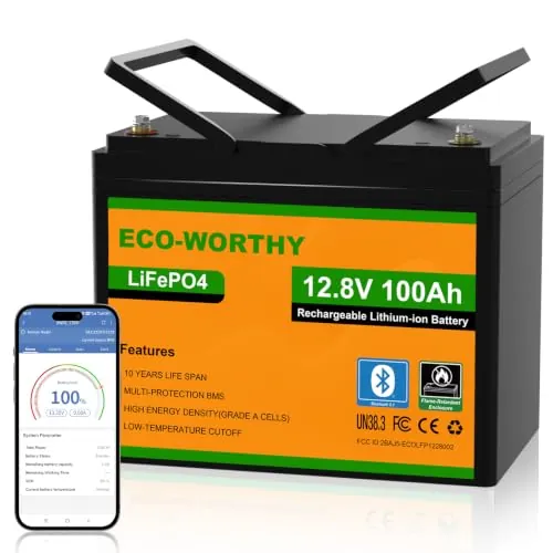 ECO-WORTHY Bateria LiFePO4 12v 100Ah Bluetooth Baja Temp. | BMS con protección contra bajas temperaturas, 1280Wh de energía, ideal para caravanas, autocaravanas y pesca con caña.