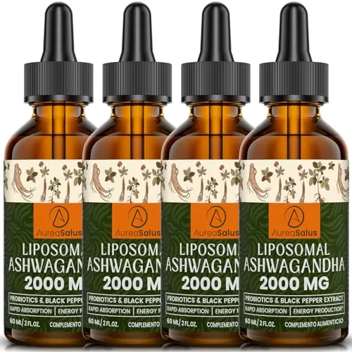 AureaSalus Liposomal Ashwagandha Drops 2000 mg, Extracto Natural puro de Ashwagandha, Probióticos Enriquecidos y Extracto de Pimienta Negra (60 ml (Paquete de 4))