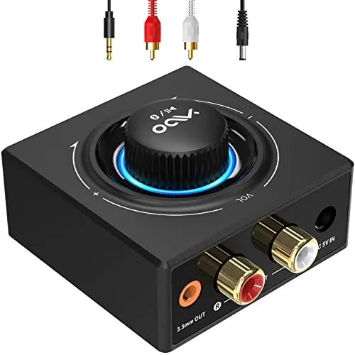 YMOO Receptor Bluetooth 5.3 HiFi Audio con RCA y 3,5mm Jack, Adaptador Bluetooth para Equipo de Música/Amplificador/Altavoz, 30M AUX Receiver Adapter Inalámbrico, Conexión Dual para Dos Altavoces