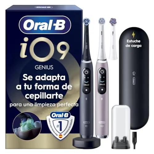 Oral-B iO 9 Pack de 2 Cepillos de Dientes Eléctricos Negro y Rosa, Con 3 Cabezales y 1 Estuche Cargador de Viaje, 7 Modos De Limpieza, Sensor De Presión, Carga Rápida, Diseñado por Braun