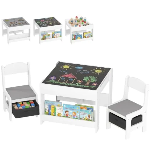 HOMCOM Juego de Mesa y 2 Sillas Infantiles Mesa con Sillas para Niños 3 en 1 con Pizarra Cajones de Tela y Espacio de Almacenamiento para Guardería Sala de Juegos Blanco y Gris
