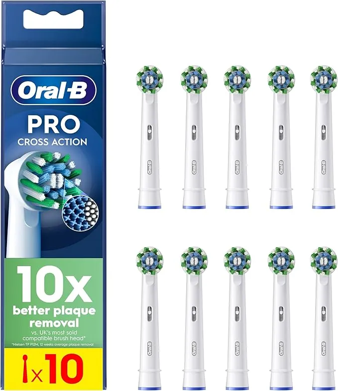 Oral-B Pro CrossAction Cabezales De Recambio ORIGINALES para Cepillo de Dientes Eléctrico Oral B Pro, Pack de 10 Recambios Con Indicador De Uso, Blanco