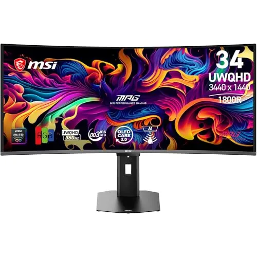 MSI MPG 341CQR X36 - Monitor Gaming 34" UWQHD (3440 x 1440, 1800R), 5ª Gen QD-OLED, 360Hz, 0,03ms, HDR Customization, Adaptive-Sync, KVM, HDMI 2.1, DP 2.1, USB-C (98 W PD), AI Vision, Negro