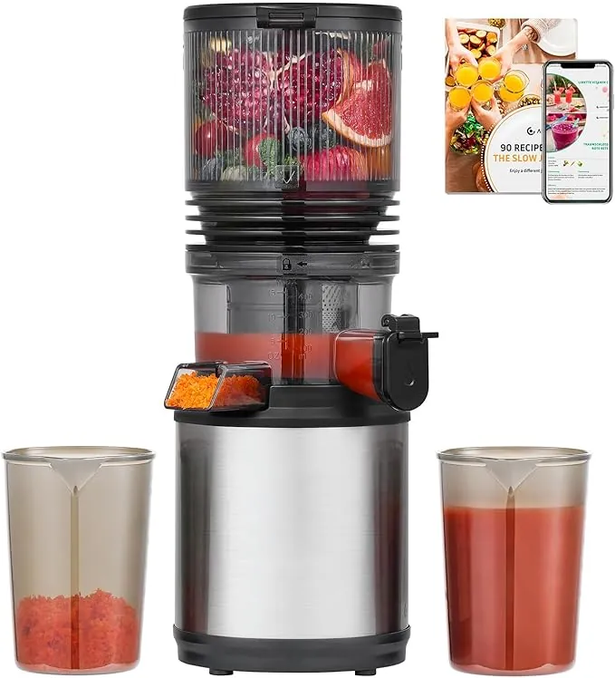 AMZCHEF Licuadora Prensado en Frío 160mm Boca Ancha, Slow Juicer, Extractor de Zumo para Fruta Entera, Capacidad 2L, Bajo Nivel de Ruido, Fácil Limpieza, Acero Inoxidable