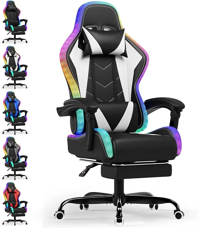 Devoko Silla Gaming con Masajeador y LED, Silla de Oficina Ergonómica con Reposapiés, Sillas Gaming para Oficina y Juegos con Iluminación RGB（Blanco）