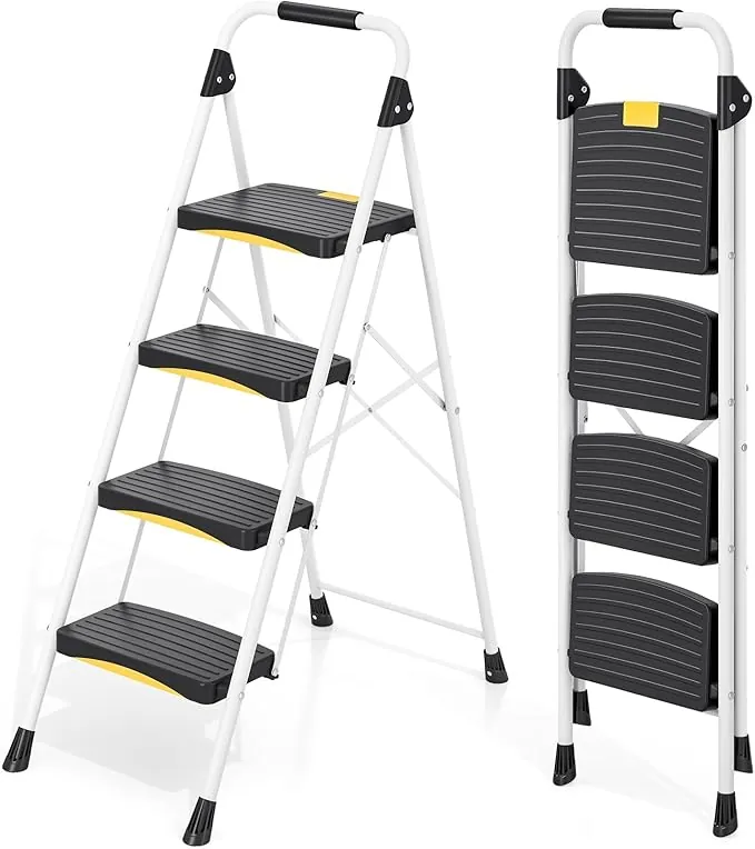 Urackify Escalera 4 Peldaños Plegable, Carga hasta 150kg, Bloqueo de Seguridad, Pedal Ancho Antideslizante, Pasamanos, Escaleras de Tijera Portátil de Acero para Hogar, Cocina, Oficina, Blanco