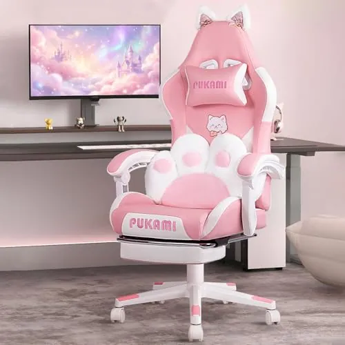 Waleaf Silla Gamer Rosa, Silla Gaming Ergonómica con Reposapiés y Soporte Lumbar, Reclinable 145°, Altura Ajustable, Ruedas Giratorias 360°, Sillón de Oficina y Estudio