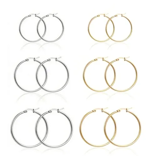BDEPSTR 6 Pares Aros de Acero Inoxidable - Plata/Oro, Tallas 10/15/25mm, Material Resistente para DIY Joyas, Hipoalergénico para Uso Quotidiano