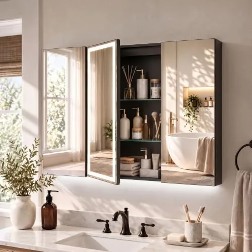 HOMCOM Armario de Baño con Espejo de LED Toma de Corriente 3 Puertas Negro | Armario de Pared, Antivaho, Estantes Ajustables de Vidrio Templado, Marco de Aluminio, Cierre Suave, 100x13x70 cm