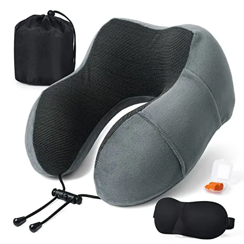 Almohada de Viaje para Cuello, Almohada Cervical para Oficina Avión Tren Coche Viajando, Almohada Cuello Viscoelastica de Espuma Memoria, Cojin de Viaje Cuello con Máscara de Ojos, Tapones y Bolsa