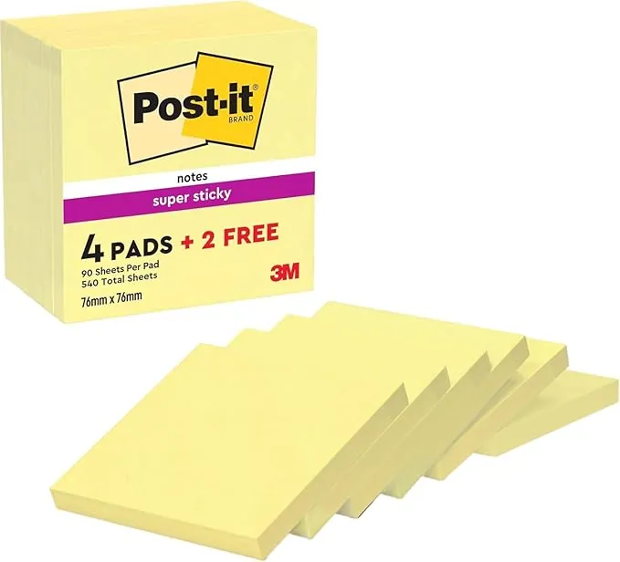 Post-it Super Sticky Notas, Canary Yellow, 76 mm x 76 mm, 90 hojas/bloc, 4 blocs/paquete + 2 GRATIS - Notas Extra Adhesivas para Listas de Tareas y Recordatorios