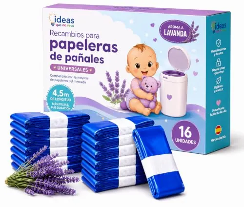 Bolsas Cubos de Pañales 16 Unidades Material EVOH y aroma a Lavanda, Recambios de bolsas para Papeleras de Pañales | Pañaleras Material EVOH de alta resistencia 4.5 metros | Compatible universal