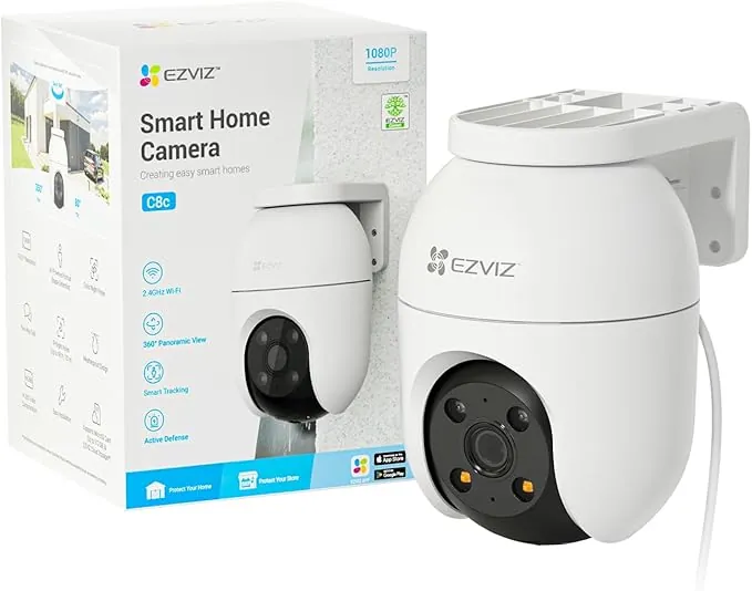 EZVIZ Cámara Vigilancia WiFi Exterior 360°,1080P Cámara IP de Seguridad,Visión Nocturna a Color,Detección IA de Personas,Seguimiento Zoom Auto,Audio Bidireccional,Sirena, Alexa/Google,C8c 2MP