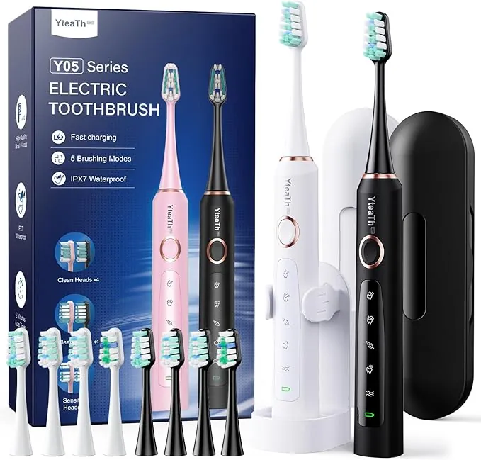 Cepillo de Dientes Eléctrico Sónico Adultos - Cepillo Electrico Sónico Paquete de 2, con 10 Cabezales y Estuche de Viaje, 5 Modos, IPX7 Impermeable, Cepillo Dientes Electrico, Negro y Blanco