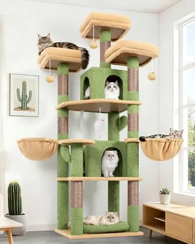 Globlazer Árbol para Gatos Verde Cactus 174 cm con 3 Perchas Acolchadas, 2 Nidos, 2 Cesta, Cama Extraíble, Postes de Sisal, Estable Castillo Rascador para 2-4 Gatos Adultos Interior (F68B, Verde)