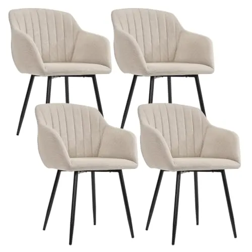 Goeurvant Pack de 4 Sillas de Comedor con Reposabrazos, Sillas Tapizadas de Lino con Patas Metálicas, Modernas Sillón para Salón y Cocina, Beige