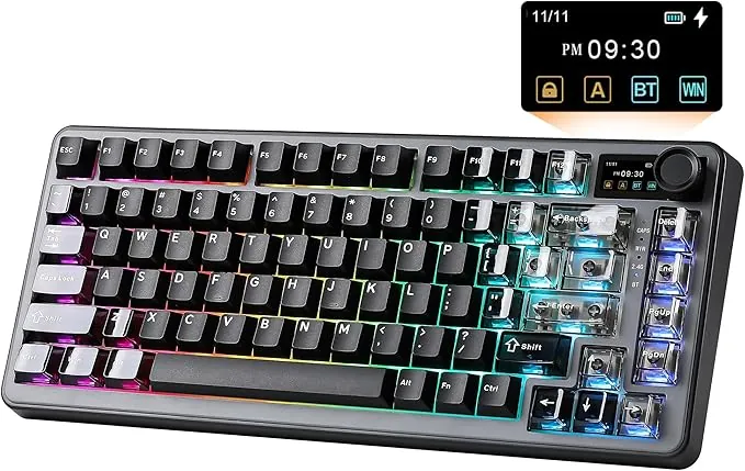 YUNZII B75 Pro MAX Teclado Mecánico Inalámbrico, Diseño 75% con Pantalla TFT y Control Giratorio, Hot Swap, QMK/Via, RGB, BT/USB-C/2,4G para Win/Mac (Negro, Milk V2 Switch)