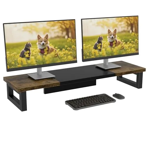 OYRREU Elevador Monitor Escritorio, 91x26cm, Soporte Pantalla Ordenador | Soporte Monitor Escritorio, Soporte Monitor Doble, Elevador Pantalla Ordenador, 91x26x12,5cm, Fácil instalación, Negro&Marrón