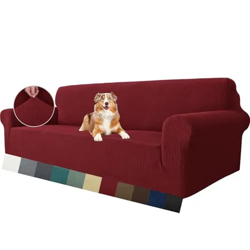 MAXIJIN Funda Extra Grande Super Elástica para Sofá de 4 Plazas, 1 Pieza Universal, Jacquard Spandex, Protector Amigable con Mascotas (4 Plazas, Rojo Vino)