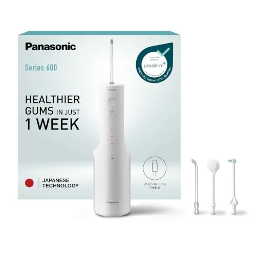Panasonic Serie 600 Irrigador Bucal Ultrasónico EW-DJ67-W303, Irrigador Bucal para Dientes, 200 ml, IPX7, 2 Boquillas Ultrasónicas, 1 Boquilla Ortodoncia y 1 para la Lengua, 5 Presiónes, Blanco