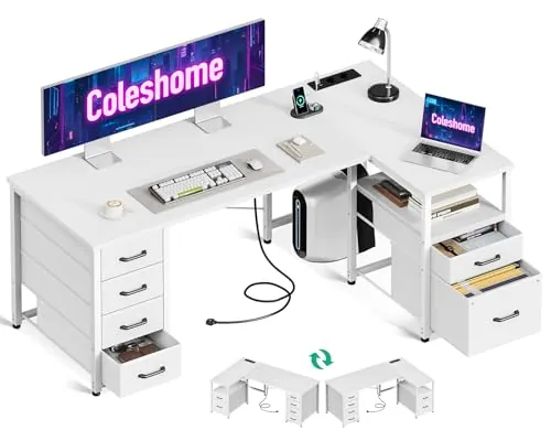 Coleshome Escritorio Esquinero con Cajones de Tela, 140x80cm, Blanco