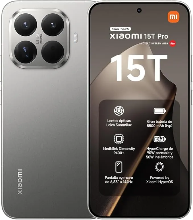 XIAOMI 15T Pro - Smartphone de 12+512GB, Lente óptica Leica Summilux, MediaTek Dimensity 9400+, Pantalla Eye Care de 6,83" 144 Hz, HyperCharge de 90W, Cargador no Incluido, Gris (Versión ES)