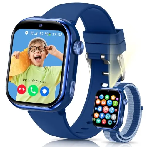 4G Reloj Inteligente Niño con GPS y Llamadas, Doble Cámara, Linterna, Azul