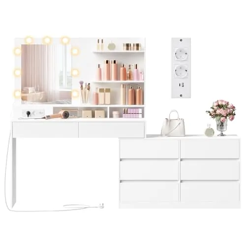 VASAGLE Kailyn Colección - Tocador con Espejo LED y Regleta, 9 Bombillas, 8 Cajones, 3 Estantes, Iluminación de 3 Colores, Modular en Línea o en L, Mesa de Maquillaje, Blanco Nube RDT140WB01