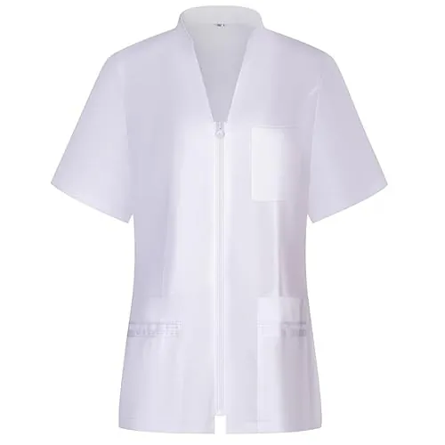 KAIXUAN – CASACA SANITARIA PARA MUJER CON CIERRE DE CREMALLERA CENTRAL CUELLO TIRILLA CON VISTAS DE COLOR MANGA CORTA – SERIE 702/7021 (Blanco -2, M)
