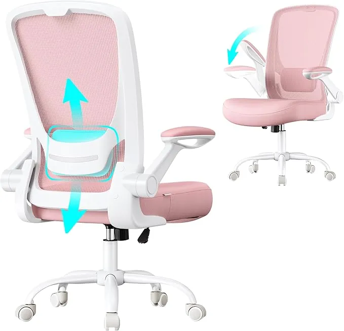 SONGMICS Silla de Oficina, Silla de Escritorio de Malla, Silla Giratoria Ergonómica, Soporte Lumbar, Oscilante, Asiento de 53 cm, Apoyabrazos Abatibles, Rosa Pastel OBN037R01