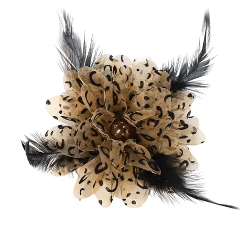 ZenithBurst Broche de Plumas Negras con Estampado de Leopardo y Perlas Florales, Broches de Flores de Organza Hechos a Mano, Joyas de Moda de 120 mm de Largo para Mujeres, Vestido de Novia, Traje