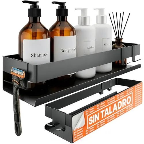 Minismus estanteria ducha sin taladro con ganchos moviles y barra, estante ducha organizador resistente, repisa baño adhesiva, estanteria baño sin tornillos o montada con tornillos cesta