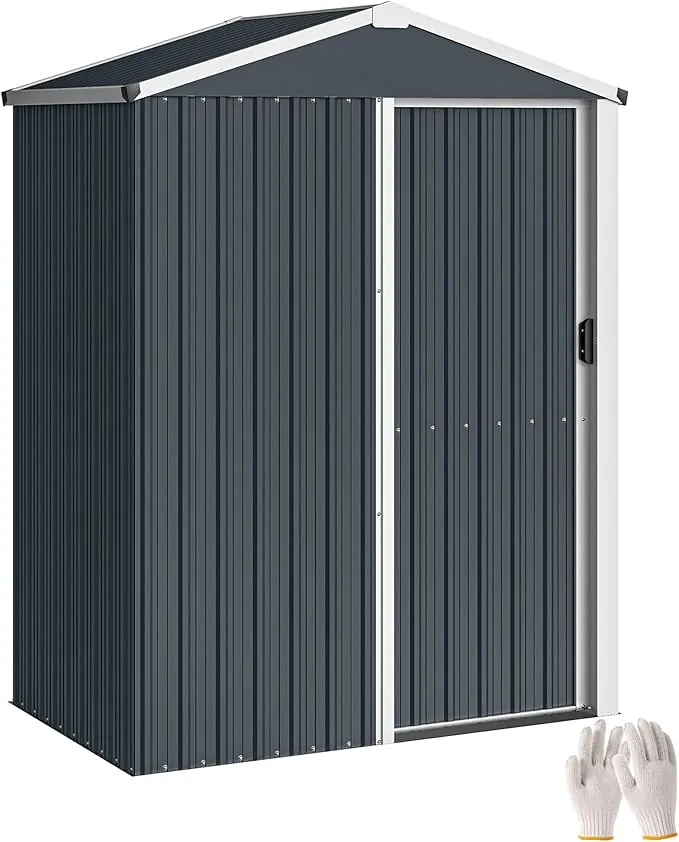 Outsunny Caseta de Jardín Exterior 1,1 m², 136x87x179 cm, Cobertizo de Jardín Exterior Metálico con Puerta Corredera, Techo Inclinado y Guantes, para Almacenaje de Herramientas, Gris Oscuro