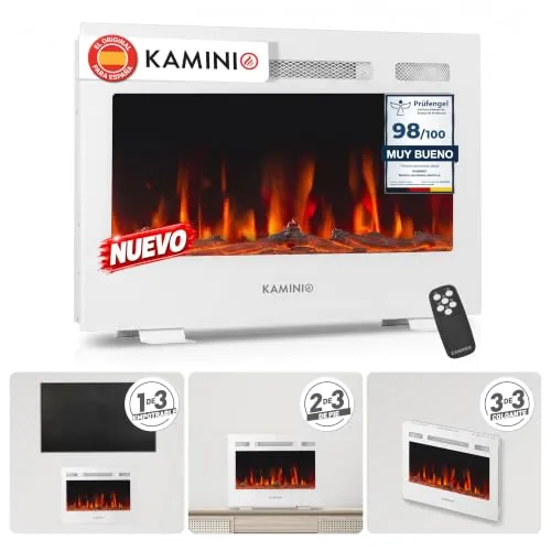 KAMINIO® Marlon Pro 30 Chimenea eléctrica Decorativa con Calefactor | 3 en 1 chimenea eléctrica empotrable, colgante o de pie, con calefactor, termostato, temporizador, mando a distancia, blanco