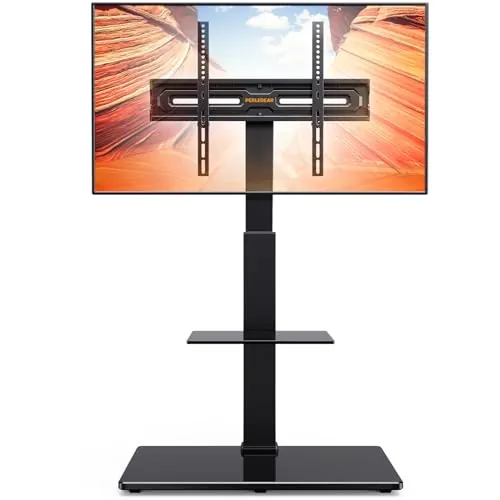 PERLEGEAR Soporte de Pie para TV de 30-75 Pulgadas，hasta 50kg | Soporte de TV de Pie con 8 Alturas, Soporte TV con estante y base de vidrio templado, VESA máximo 600x400mm