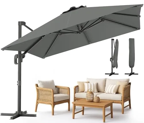 VOUNOT® Parasol Excéntrico Cuadrado 3x3M, Sombrilla Jardín Inclinable 6 Posiciones con Rotación 360°, Protección UV e Impermeable, con Funda, Gris Oscuro
