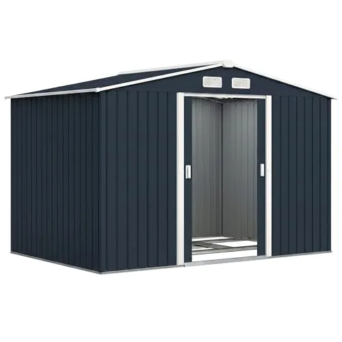 Outsunny Caseta de Jardín Exterior 4,9 m², 277x195x192 cm, Cobertizo de Jardín Exterior Metálico con Puerta Corredera, Ventilación y Kit de Fundación, para Almacenamiento de Herramientas, Gris Oscuro