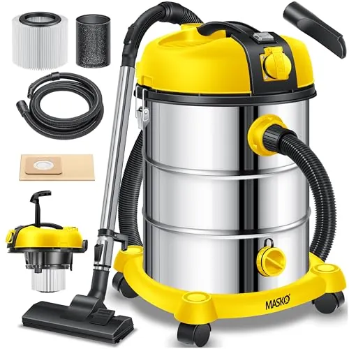 MASKO® Aspiradora industrial en seco y húmedo, de acero inoxidable, 2300 W, con enchufe, función de soplado, Push&Clean, con y sin bolsa, sin bolsa, amarilla