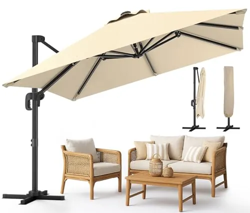 VOUNOT® Parasol Excéntrico Cuadrado 3x3M, Sombrilla Jardín Inclinable 6 Posiciones con Rotación 360°, Protección UV e Impermeable, con Funda, Beige Oscuro