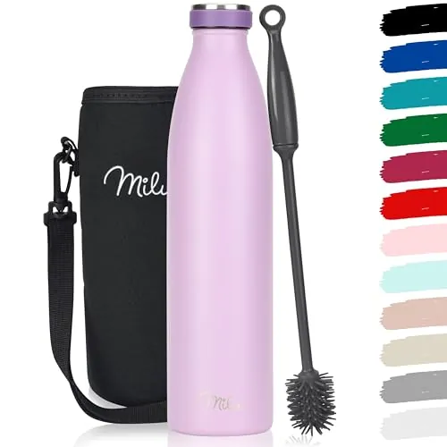 Milu Botella de acero inoxidable de 350ml 500ml 750 ml 1 L 1,5 L botella de agua aislada, termo a prueba de fugas, doble pared, apta para ácido carbónico + cepillo de limpieza (Lilac, 1L)