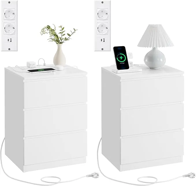 VASAGLE Mesitas de Noche con Estación de Carga, Juego de 2, Mesas Auxiliares con 3 Cajones, 2 Tomas CA, 2 Puertos USB, para Salón, Dormitorio, Estudio, Moderno, Blanco Nube LET831W14